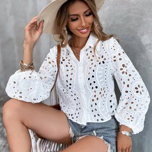 Boho White Eyelet Floral Gypsy Button up top